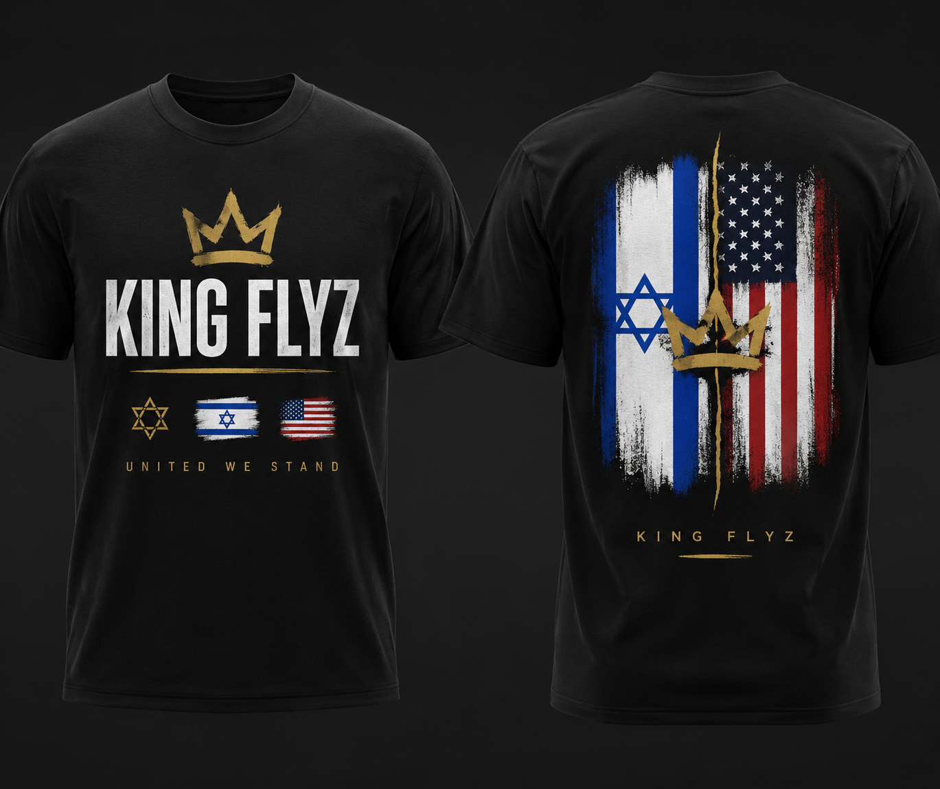 King Flyz T-Shirt — Israel & USA Flag Graphic with Crown